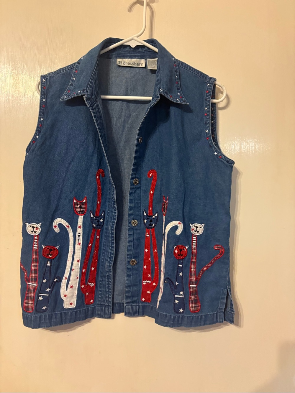 Dressbarn 100% Cotton Denim Cat Embroidered Sleeveless Vest - Red, White & Blue